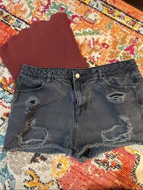 Distressed Black Denim Shorts